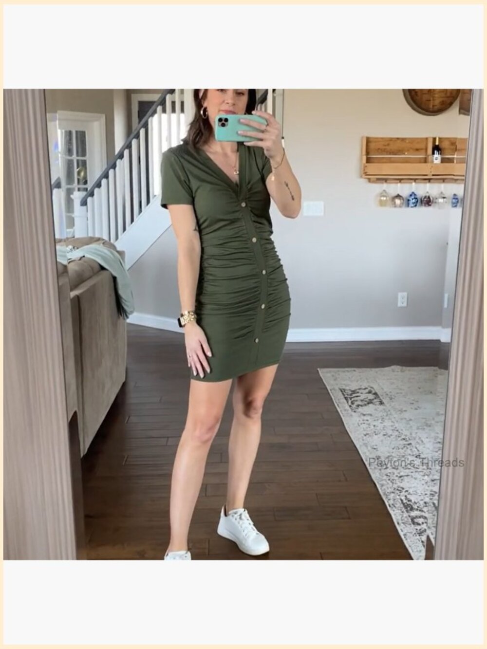 Ruched Bodycon V-Neck Mini Dress with Button Down, Short Sleeve, Ribbed - Picture 7 of 7